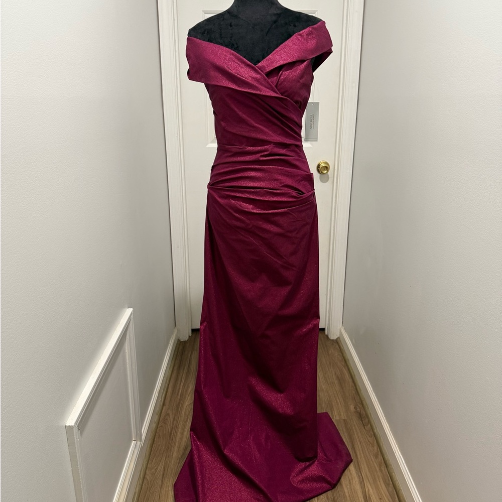 RICKIE FREEMAN FOR TERI JON
Ruched Off-Shoulder Shimmer Taffeta Gown